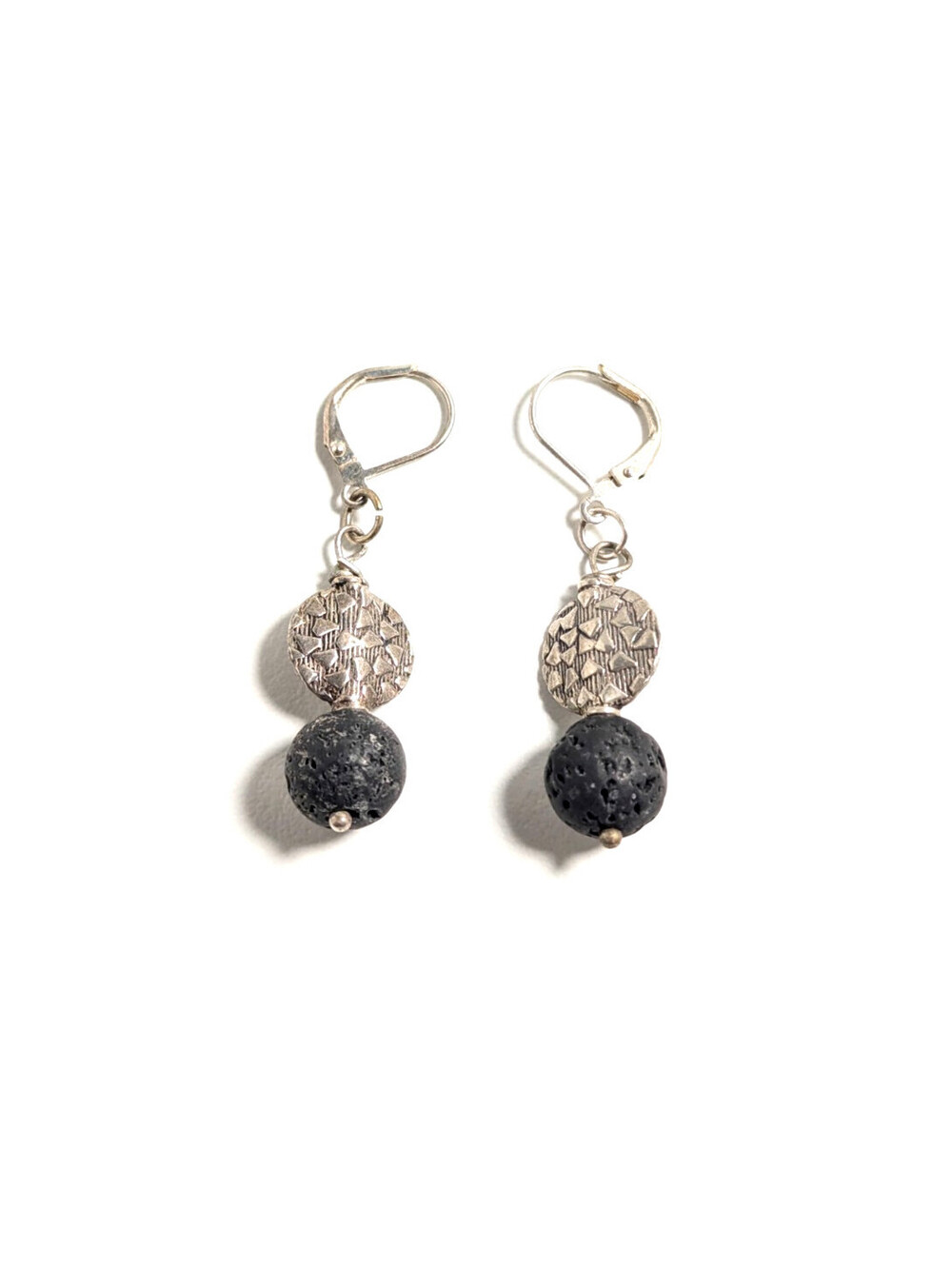 Sterling Silver 925 Black Stone Leverback Textured Disc Drop Earrings 5.77g